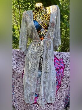 POL Sheer Lace Embroidered Robe in Light Gray